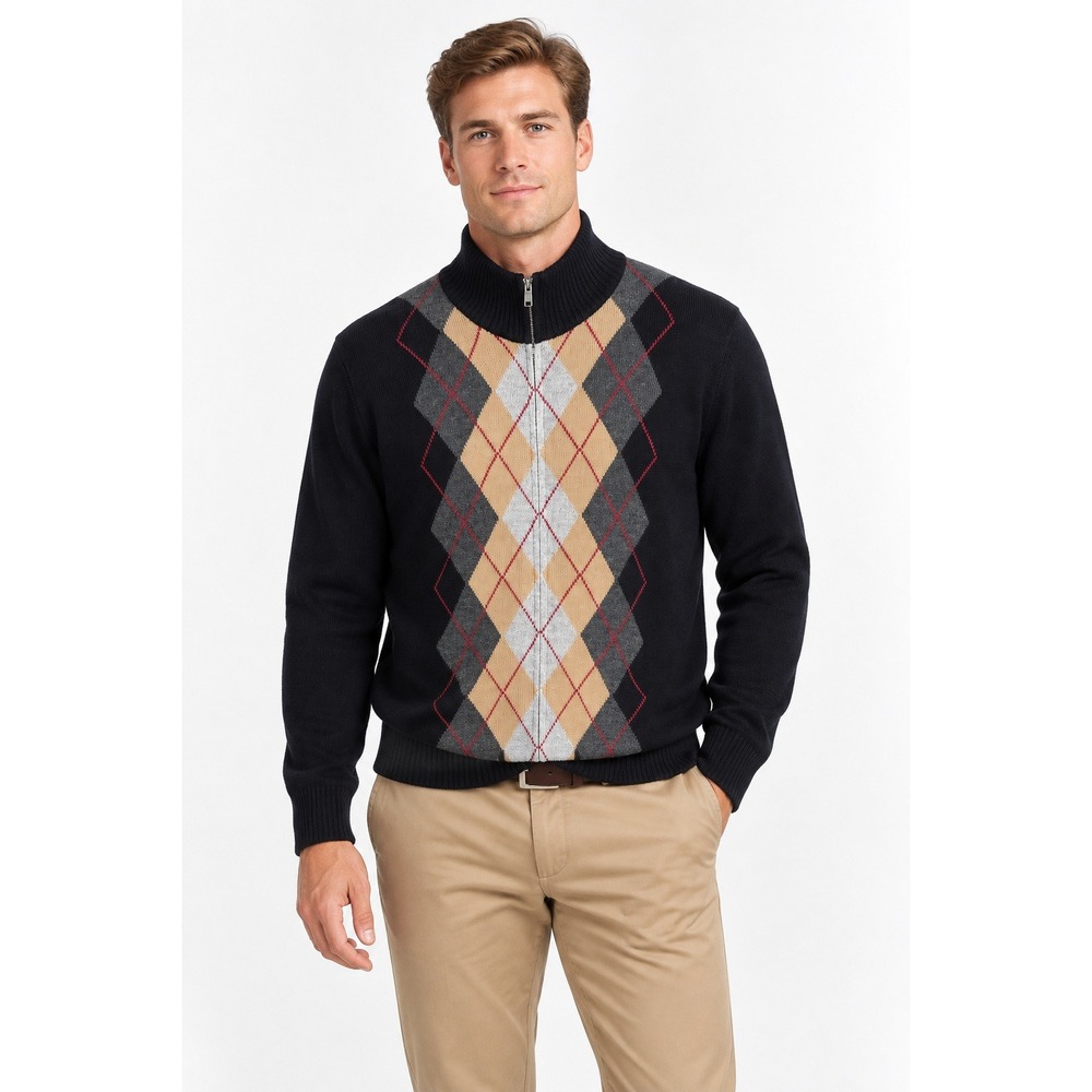 Argyle Full Zip Wool Blend Sweater Mens L‎ Black Made UK Preppy Golf Grandpacore